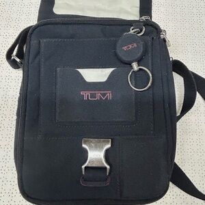 TUMI Black Messenger Bag with Silver Accents